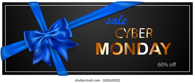 Cyber Monday sale banner with blie bow and ribbons on black background. Vector illustration for posters, flyers or cards.
