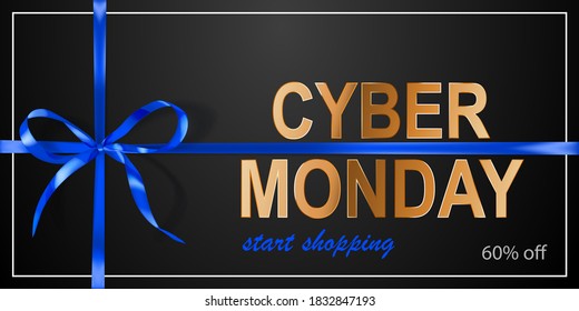 Cyber Monday sale banner with blie bow and ribbons on black background. Vector illustration for posters, flyers or cards.