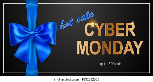 Cyber Monday sale banner with blie bow and ribbons on black background. Vector illustration for posters, flyers or cards.