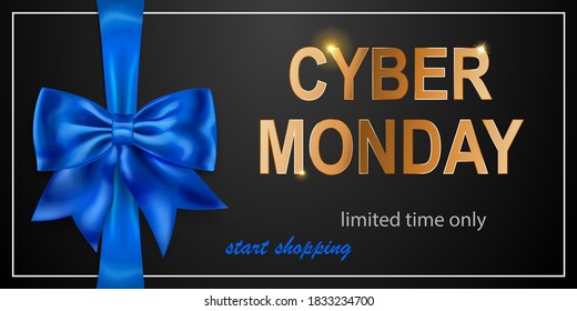 Cyber Monday sale banner with blie bow and ribbons on black background. Vector illustration for posters, flyers or cards.