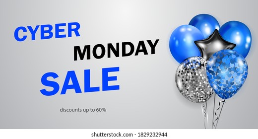 Cyber Monday sale banner with blue, black and silver balloons on white background. Vector illustration for posters, flyers or cards.