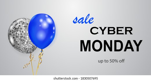 Cyber Monday sale banner with blue and silver balloons on white background. Vector illustration for posters, flyers or cards.