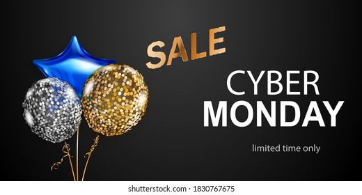 Cyber Monday sale banner with blue, golden and silver balloons on black background. Vector illustration for posters, flyers or cards.