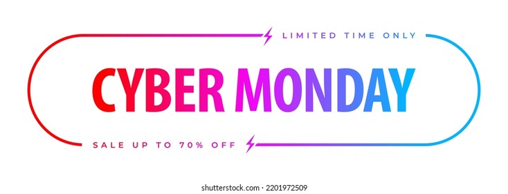 Cyber Monday sale banner with bright red to blue gradient color typography on white background, vector illustration template.