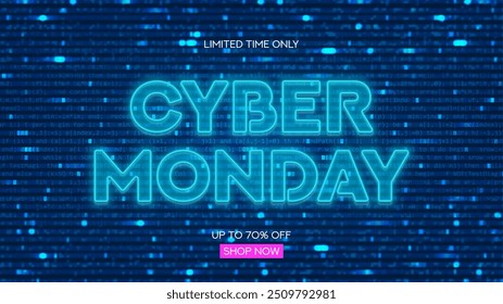 Cyber Monday Sale banner concept. Glowing symbol for decoration Cyber Monday sale isolated on blurred background with programming source code. Blue neon Cyber Monday signboard for seasonal sales.