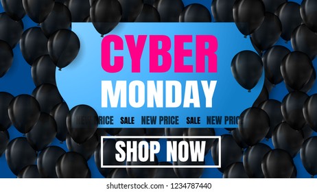 Cyber monday sale banner with dark balloons background and blue sticker and button shop now Promotion and shopping template for Black Friday. Vector stock illustration for marketing design 