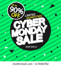 Cyber Monday Sale, banner design template, up to 90% off, vector illustration