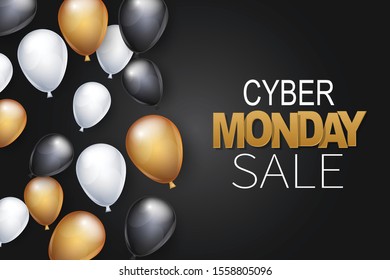 Cyber Monday Sale banner design template. Big sale advertising promo concept with balloons and typography text. Vector illustration.