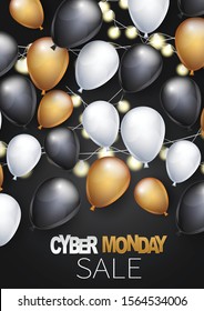 Cyber Monday Sale banner design template. Big sale advertising promo concept with balloons, glowing garland and typography text. Vector illustration.