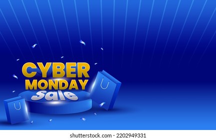 Cyber Monday Sale Banner Design With Shopping Bags, Confetti And Podium On Blue Strip Background.