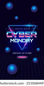 Cyber Monday Modelo de design de banner de venda para publicidade, web, mídias sociais. Texto e título com efeito de luz néon. Ilustração vetorial