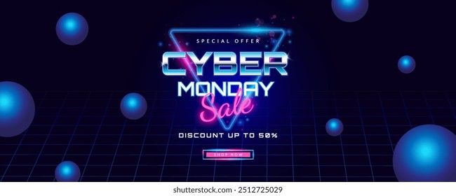 Cyber Monday Modelo de design de banner de venda para publicidade, web, mídias sociais. Texto e título com efeito de luz néon. Ilustração vetorial