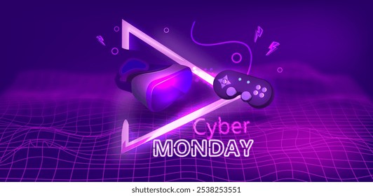 Cyber Monday Modelo de design de banner de venda para publicidade, web, mídias sociais. Texto e título com efeito de luz néon. Ilustração vetorial