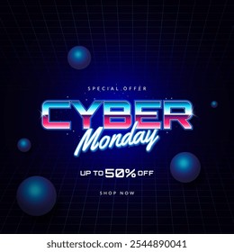 Cyber Monday Sale banner design template for advertising, web, social media. Title with neon light effect style. Vector illustration