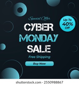 Cyber Monday Sale banner design template for advertising, web, social media. Up to 40% off. Vector illustration. 40% off. Special Offer. 40% discount. Free Shipping. Shop Now.