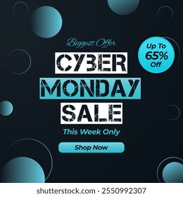 Cyber Monday Sale banner design template for advertising, web, social media. Vector illustration. Up to 65% off. Biggest Offer. 65% off. This Week Only. 65% discount. Shop Now. 