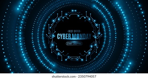 Cyber Monday Sale Banner. Digital circles of glowing blue dots with sci-fi circuit board frame. Business technology event. Vector illustration. EPS 10.