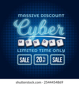 Cyber Monday Sale Banner With Disc Up to 20% off. Vector. Illustration. Massive Discount.  Limited Time Only.