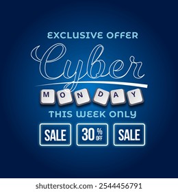 Banner de vendas Cyber Monday com disco até 30% de desconto. Vetor. Ilustração. Oferta exclusiva. Somente Esta Semana.