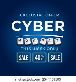 Banner de vendas Cyber Monday com disco até 40% de desconto. Vetor. Ilustração. Oferta exclusiva. Somente Esta Semana.