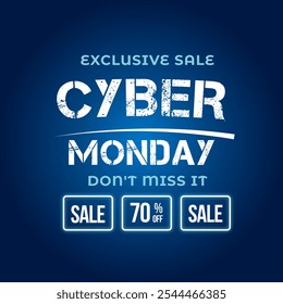 Banner de vendas Cyber Monday com disco até 70% de desconto. Vetor. Ilustração. Venda exclusiva. Não perca.