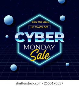 Banner de vendas Cyber Monday com disco até 90% de desconto. Vetor. Ilustração. Venda Exclusiva. Não Perca Isso.