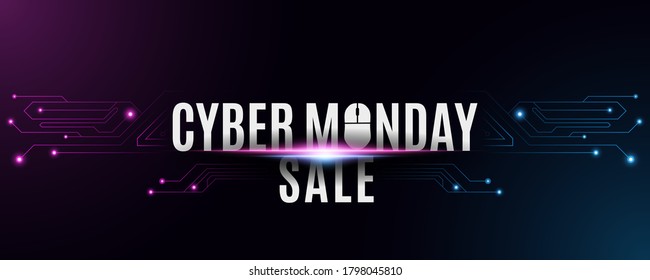 Cyber monday sale banner. Futuristic high tech background from a circuit motherboard. Computer mouse and text. Neon blue and purple connecting lines with lights. Vector illustration. EPS 10.