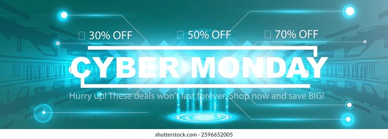 Cyber Monday sale banner with futuristic neon digital design, discounts, shopping promotion, and glowing tech elements.