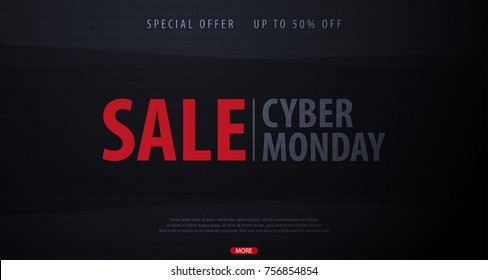 Cyber Monday Sale banner with gifts. Binary code background. Vector illustration