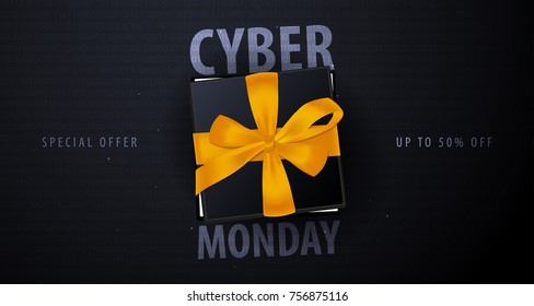 Cyber Monday Sale Banner mit Geschenken. Binärer Code-Hintergrund. Vektorgrafik