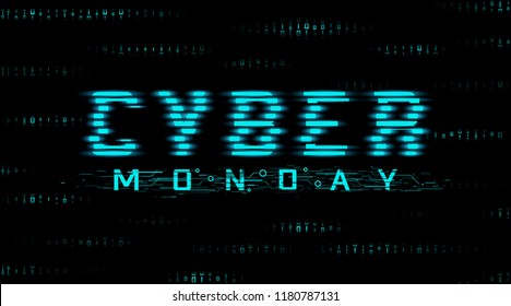 Cyber monday sale banner. Hud style, glitch effect. Binary code background. Vector.