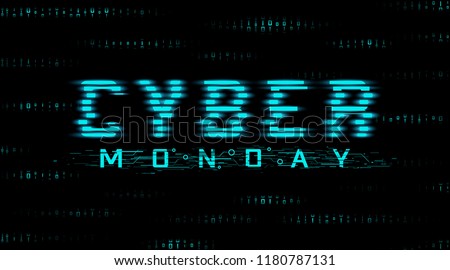 Cyber monday sale banner. Hud style, glitch effect. Binary code background. Vector.