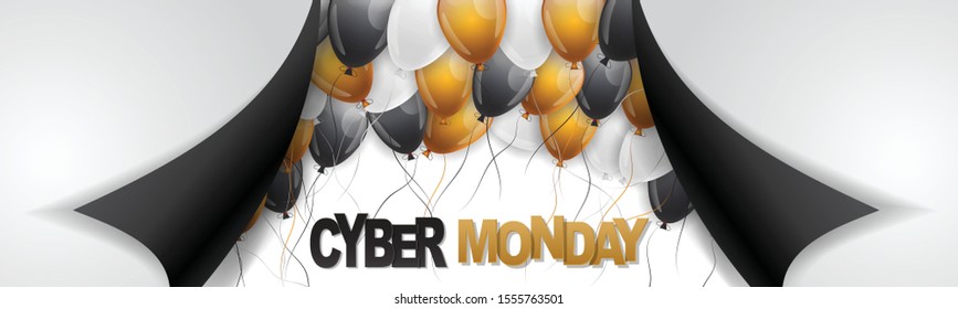 Cyber Monday Sale banner or long narrow header for website. Design concept for big discount of the year with typography text, shiny balloons, and colorful confetti under peeling off wrapping paper.