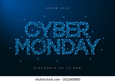 Cyber Monday sale banner. Low poly advertising poster with text made by low polygonal wireframe mesh for sale of cyber monday. Special offer, discounts. Vector.