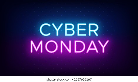 Cyber Monday sale banner in neon style. Promo banner with glowing neon text of Cyber Monday for social media and advertising. Vivid headline and title. Vector illustration, blue and purple colors