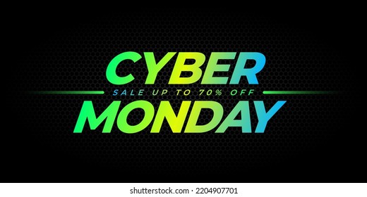 Cyber Monday sale banner with neon green to bright blue gradient color typography on black texture background, vector illustration template.