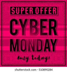 Cyber Monday sale banner on pink patterned background, vector illustration

