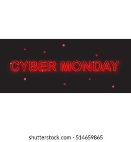 Cyber monday sale banner on black background. Vector illustration neon text "Cyber Monday" red color for the web site.