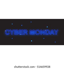 Cyber monday sale banner on black background. Vector illustration neon text "Cyber Monday" blue color for the web site.