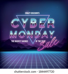 Cyber Monday Sale banner. Promotional online sale event. Futuristic advertising design. 80s futuristic background. Vector illustration.