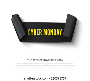 Cyber Monday sale banner. Realistic curved paper ribbon, vector illustration isolated on a white background with shadow and yellow inscription and space for text