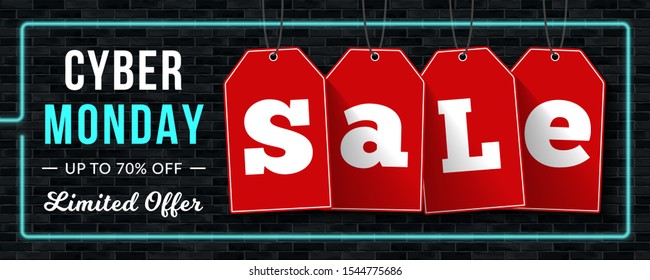 Cyber monday sale banner with red tags on black brick wall background with neon frame, vector eps10 illustration