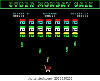 Anuncio Video de venta de Cyber monday como juego de arcade retro. Carrito de compras recoge descuentos que las tiendas de Internet dejan caer.