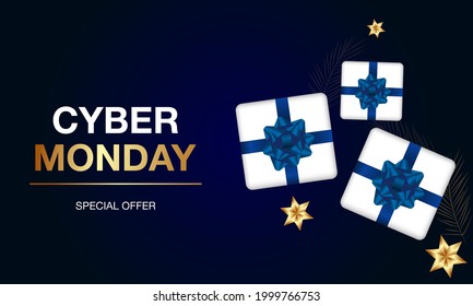 Cyber monday sale, banner for seasonal discounts. Big November sale. Gift box with realistic silk bow. Vector illustration