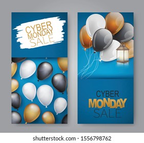 Cyber Monday sale banner set. Special offer discount. Blue background and white, red, and black balloons. Vector illustration.