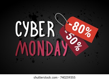 Cyber Monday Sale Banner With Shopping Tags Over Grunge Background Online Shopping Discount Poster Design Flat Vector Illustration