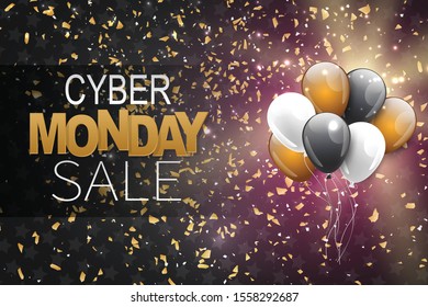 Cyber Monday sale banner. Special offer discount. Black background with balloons and confetti. Vector illustration.