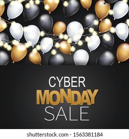 Cyber Monday sale banner. Special offer discount. Dark background with balloons and glowing lights garland. Vector illustration.