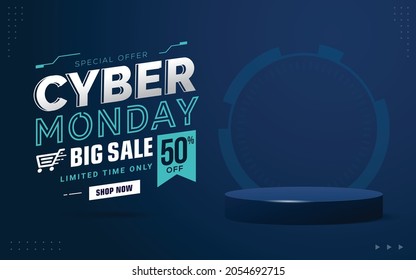 Cyber Monday sale banner template for business promotion vector illustration with blank product podium scene. 