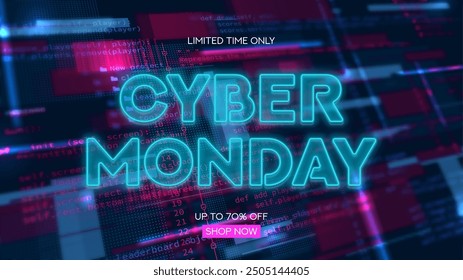 Cyber Monday Sale banner template. Glowing symbol for decoration Cyber Monday sale isolated on blurred background with programming source code. Blue neon Cyber Monday signboard for seasonal sales.